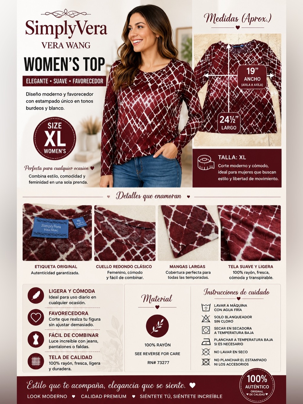 Simply Vera Vera Wang Women’s XL Burgundy White Geometric Print Long Sleeve Top